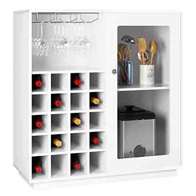 Homfa Cantinetta Vino Cremagliera del Vino Armadietto mobiletto Portabottiglie Vino e Calici Cantinetta Scaffale Porta per 20 Bottiglie Credenza Cucina Vetrina Bianco 80 × 36 × 85cm